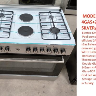 BJS SILVER (INOX) 60x90 4+2 Hot Plate Gas Cooker, w/ Turbo Fan, Oven 90L Capacity
